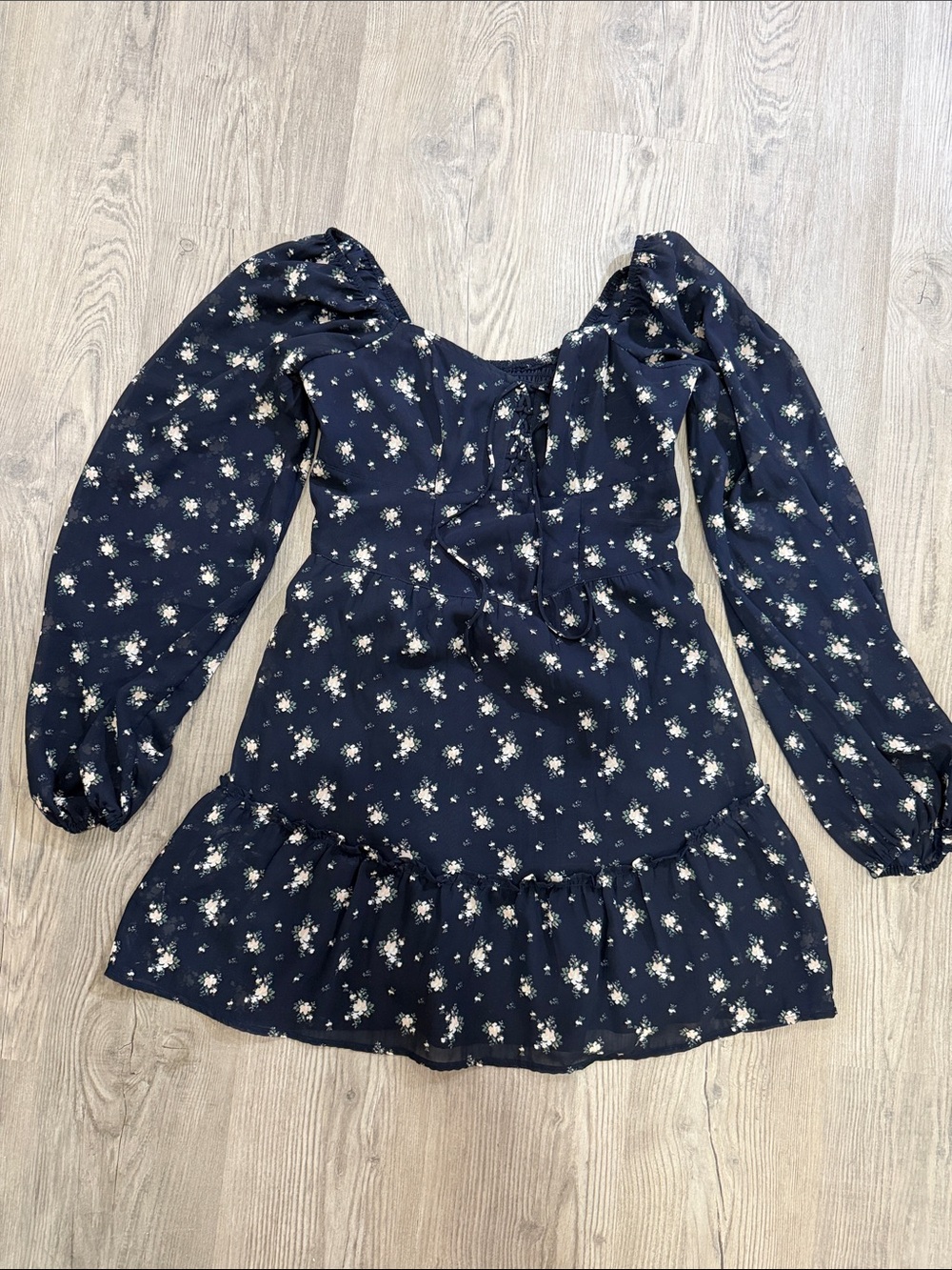 Hollister Navy Floral Long-Sleeve Ruffle Hem Dress